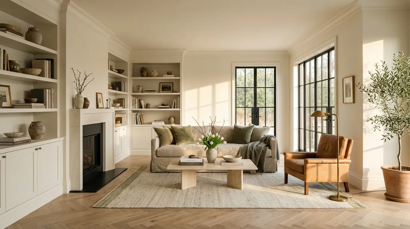 Alabaster SW 7008 in a warm, relaxed living room