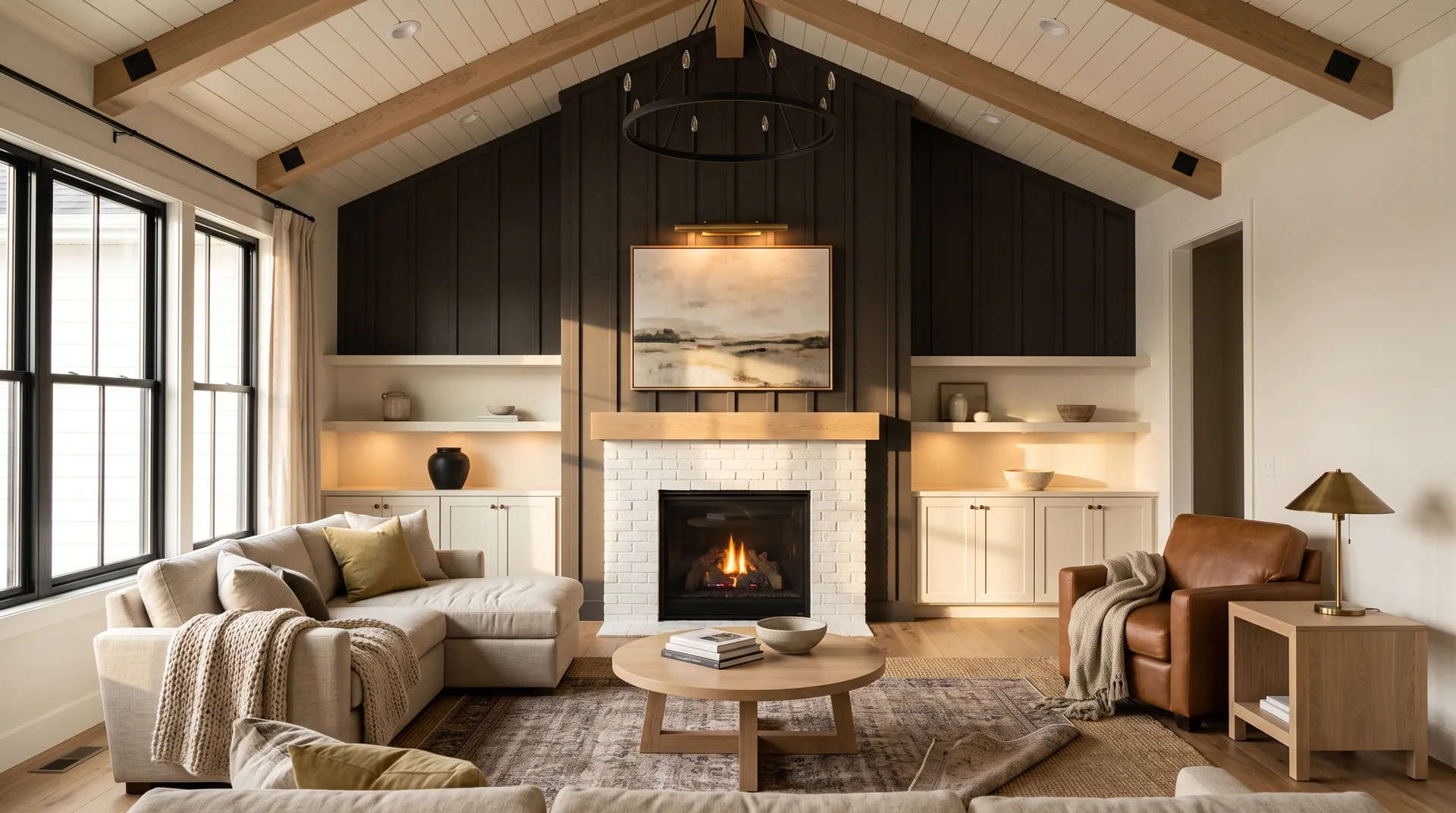 Black Fox SW 7020 in a cozy, modern-farmhouse great room