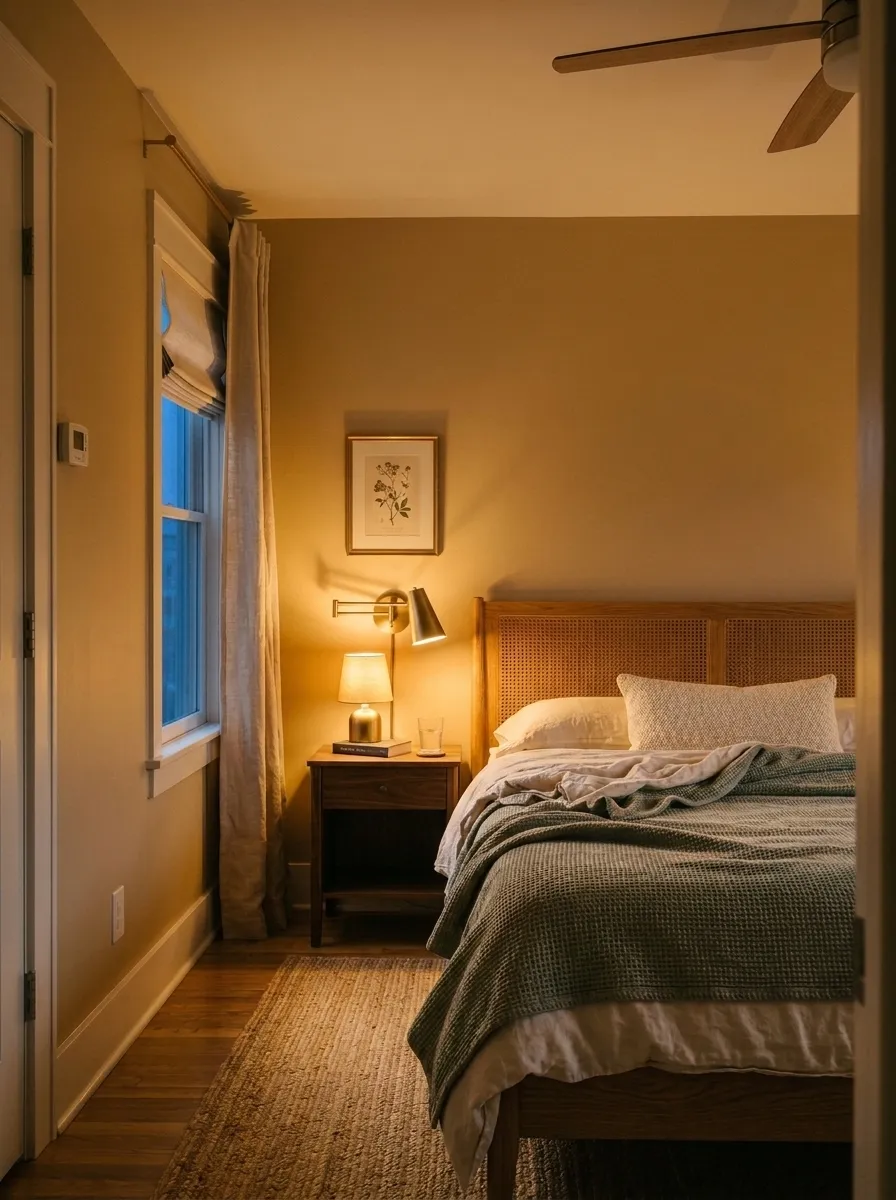 Bungalow Beige SW 7511 accent wall in evening light