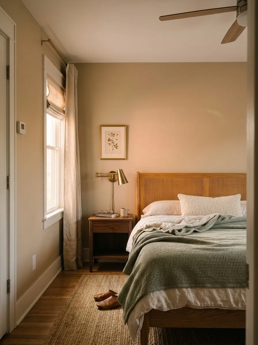 Bungalow Beige SW 7511 accent wall in morning light