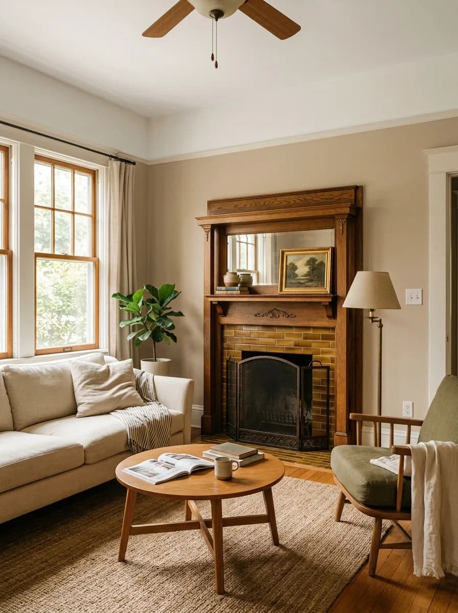 Bungalow Beige SW 7511 on an interior wall in natural daylight