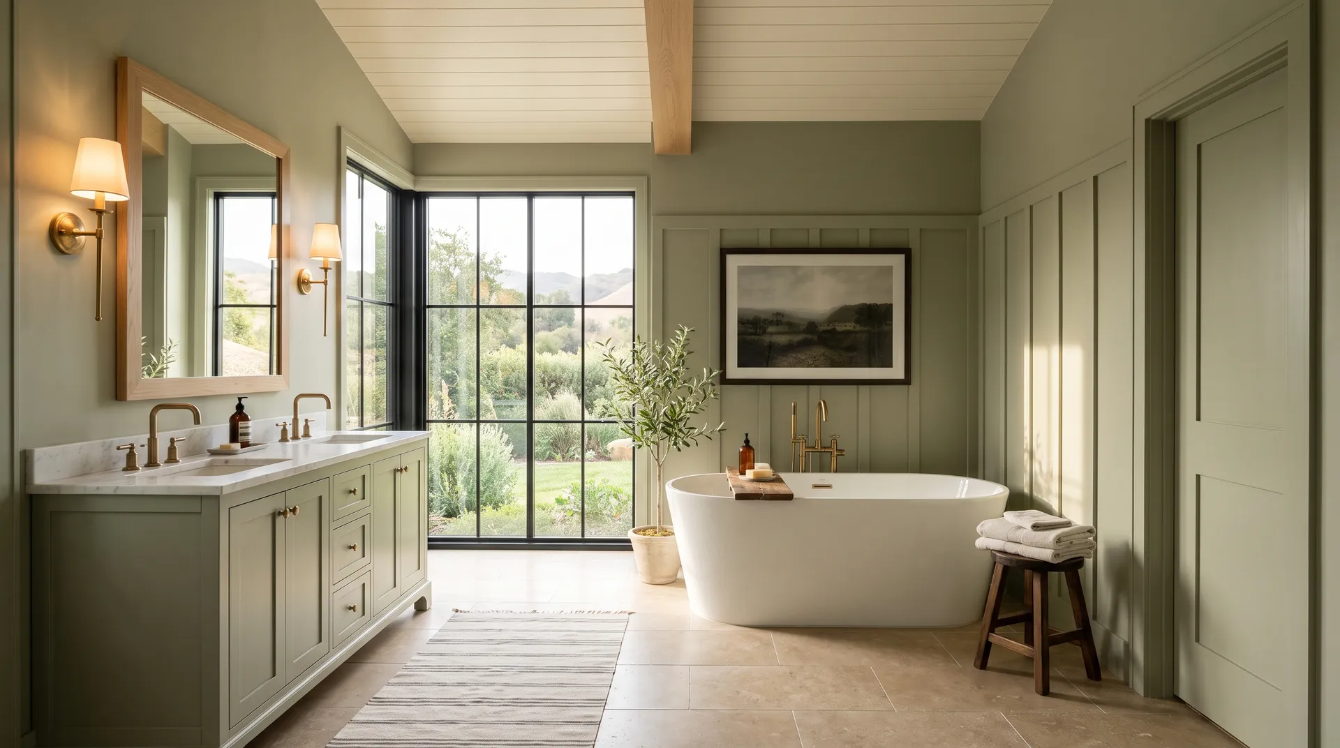 Clary Sage SW 6178 in a warm, earthy spa bathroom