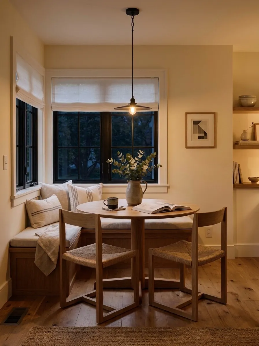 Creamy SW 7012 accent wall in evening light
