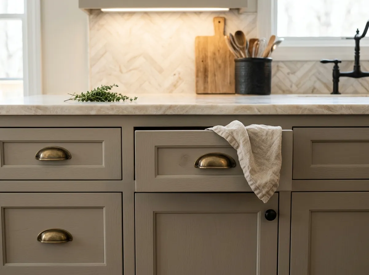Dorian Gray SW 7017 on kitchen cabinets and islands