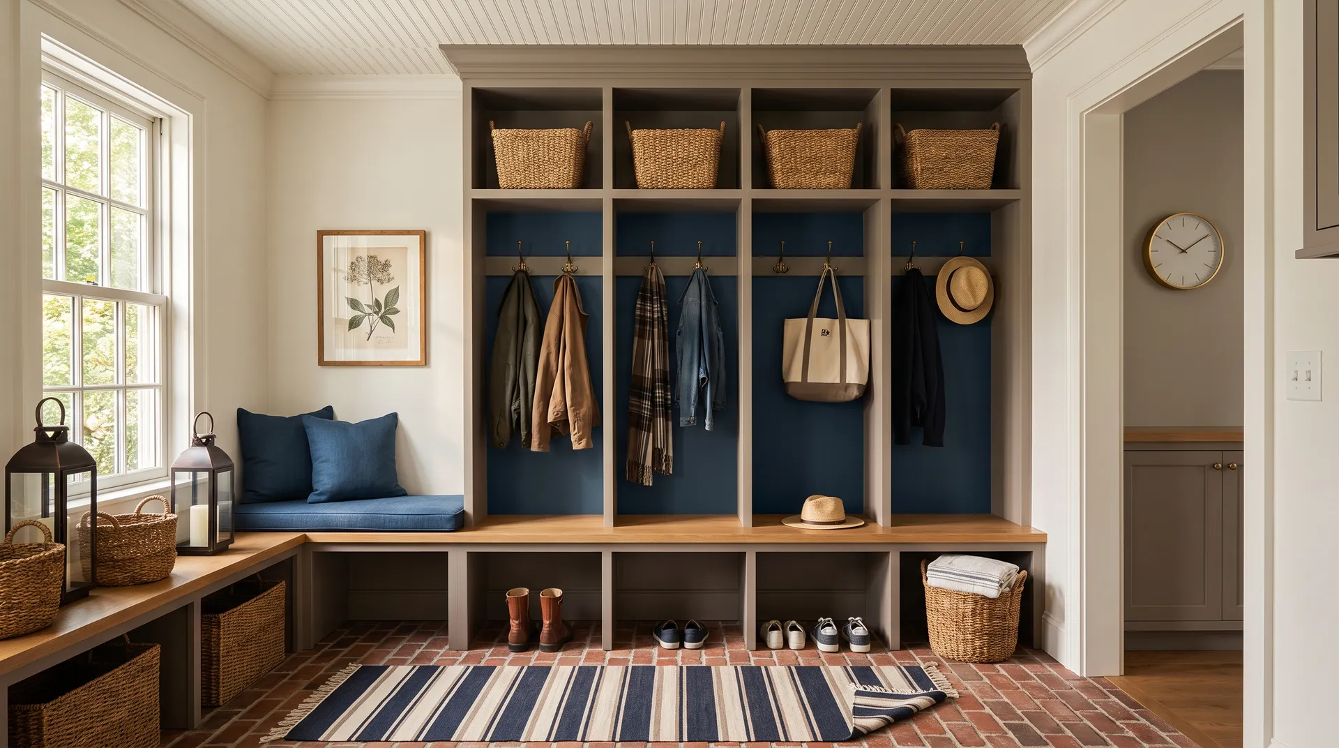 Dovetail SW 7018 in a composed, functional mudroom