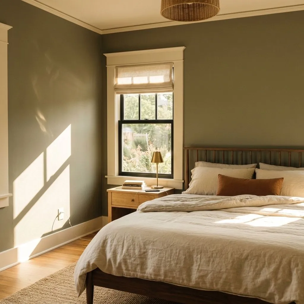 Dried Thyme SW 6186 accent wall in midday light