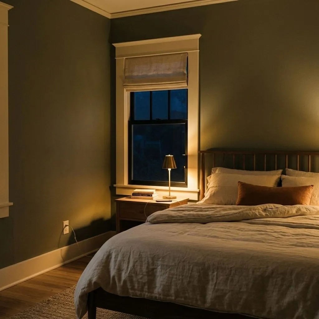 Dried Thyme SW 6186 accent wall in evening light