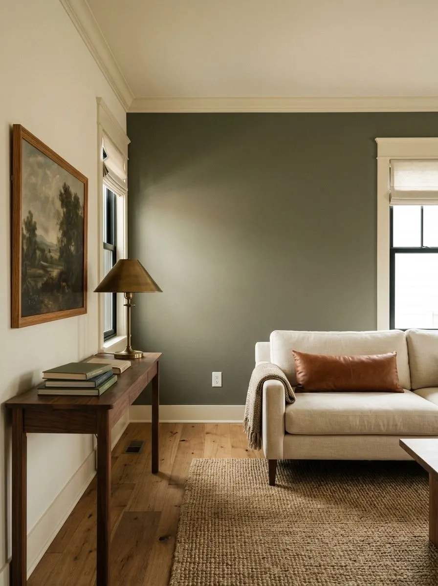 Dried Thyme SW 6186 on an interior wall in natural daylight