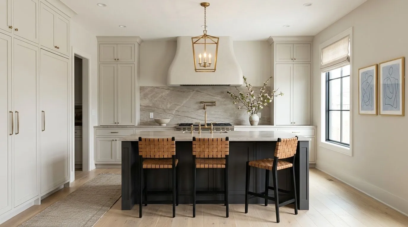 Drift of Mist SW 9166 in a calm, organic kitchen