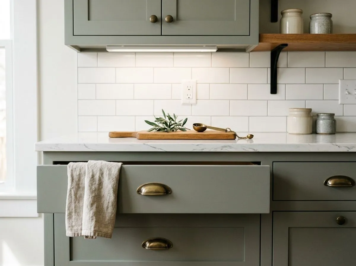 Evergreen Fog SW 9130 on kitchen