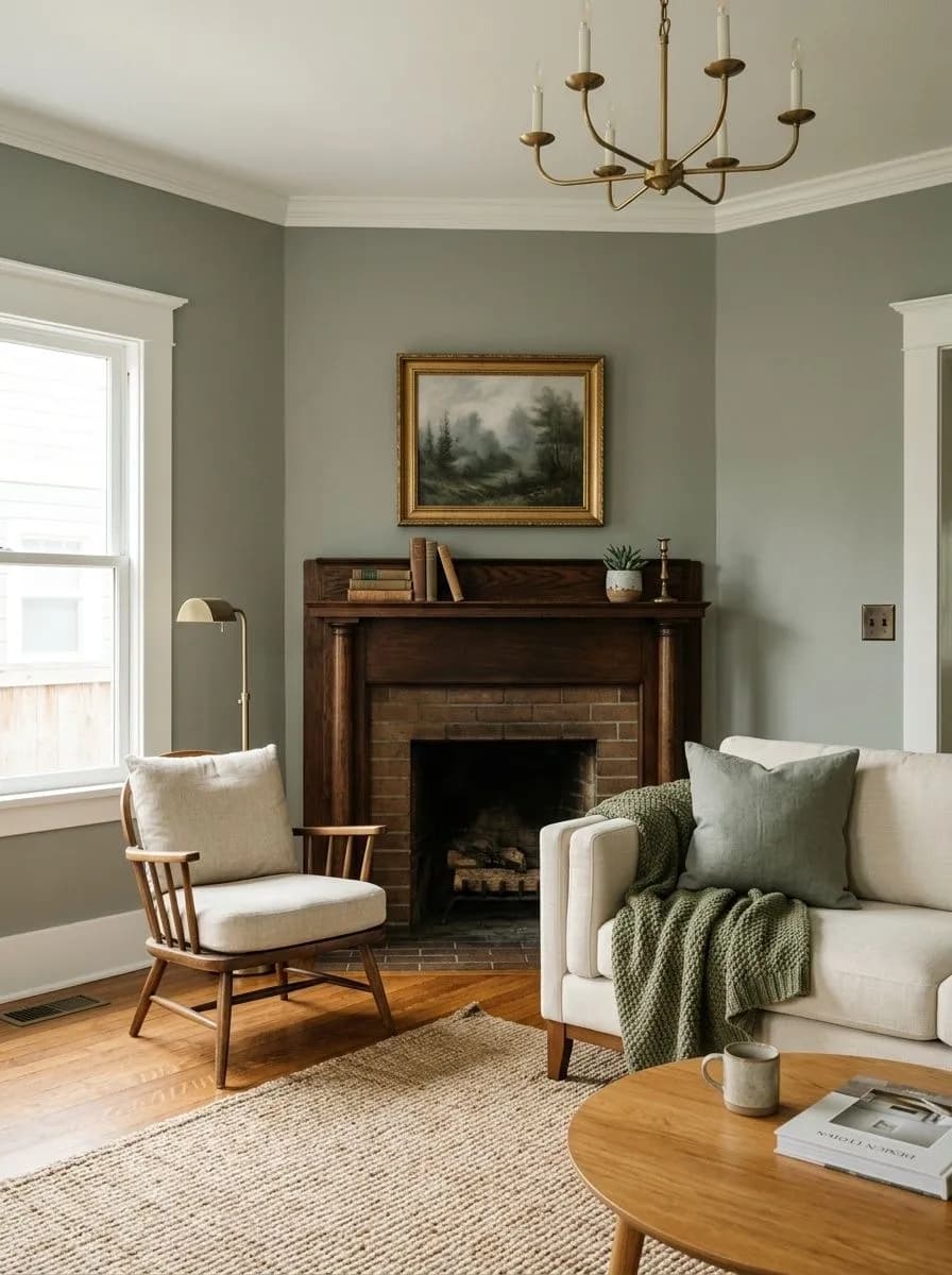 Evergreen Fog SW 9130 on an interior wall in natural daylight