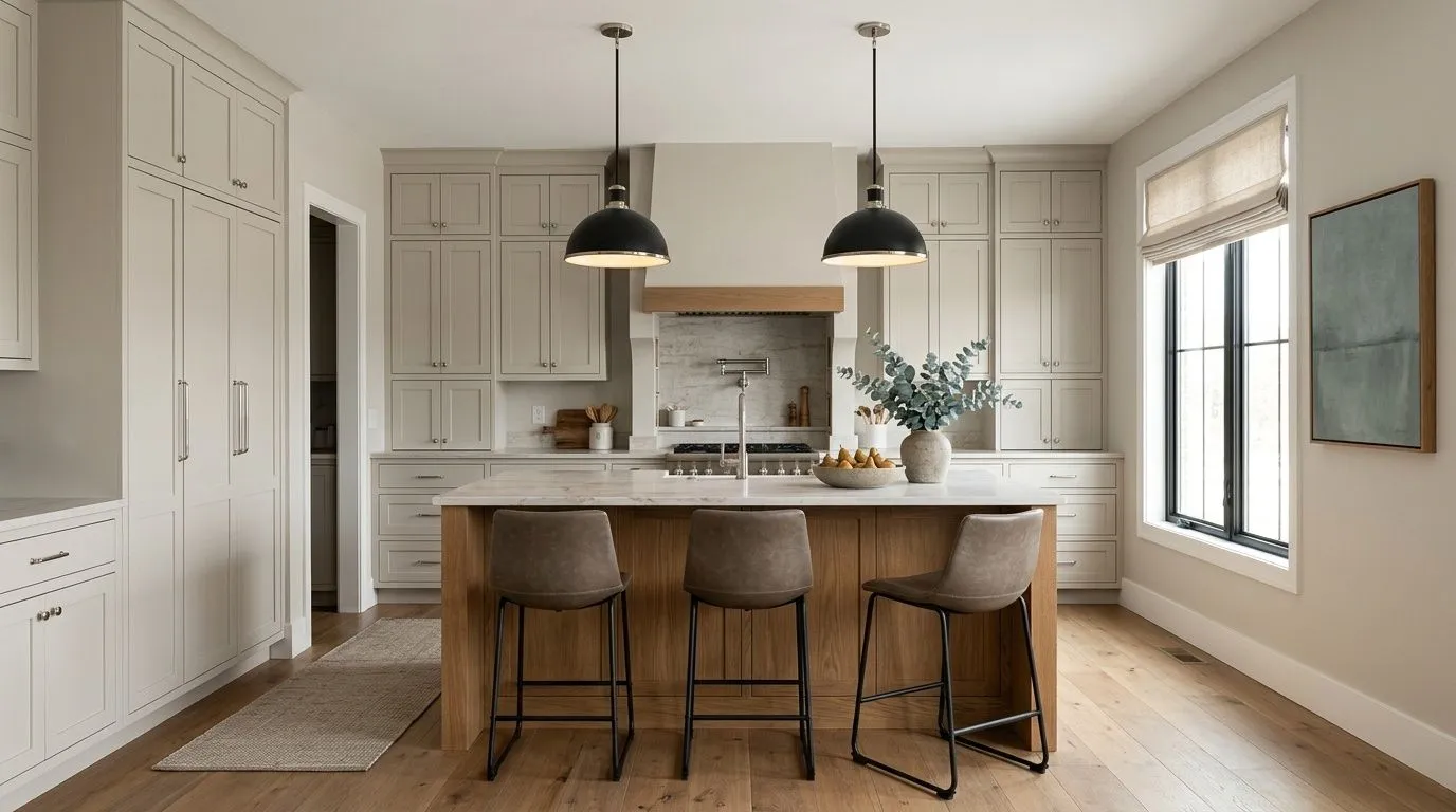 Gossamer Veil SW 9165 in a warm, transitional kitchen