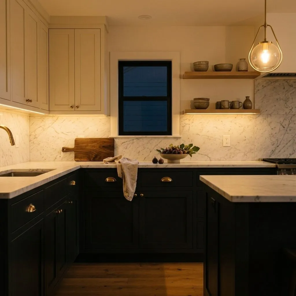Greenblack SW 6994 accent wall in evening light