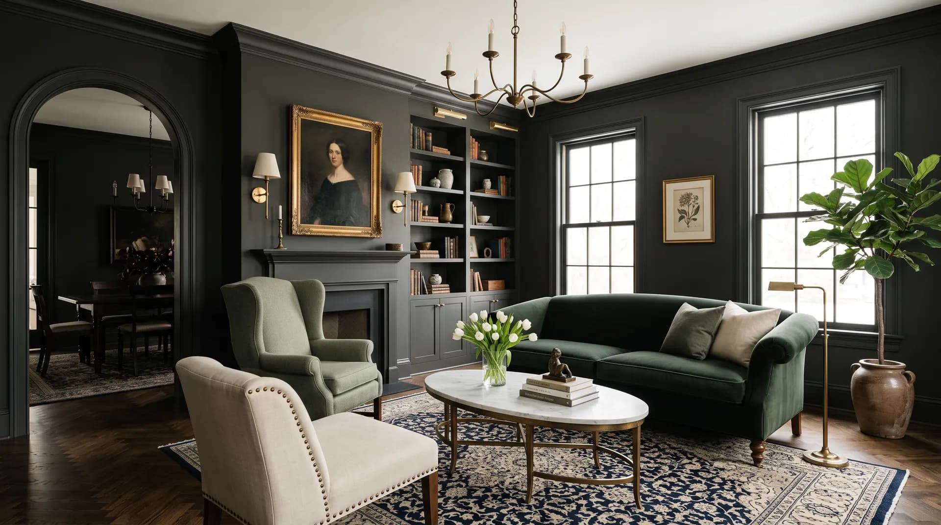 Iron Ore SW 7069 in a moody, layered library