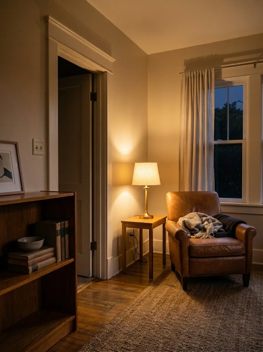 Natural Linen SW 9109 accent wall in evening light