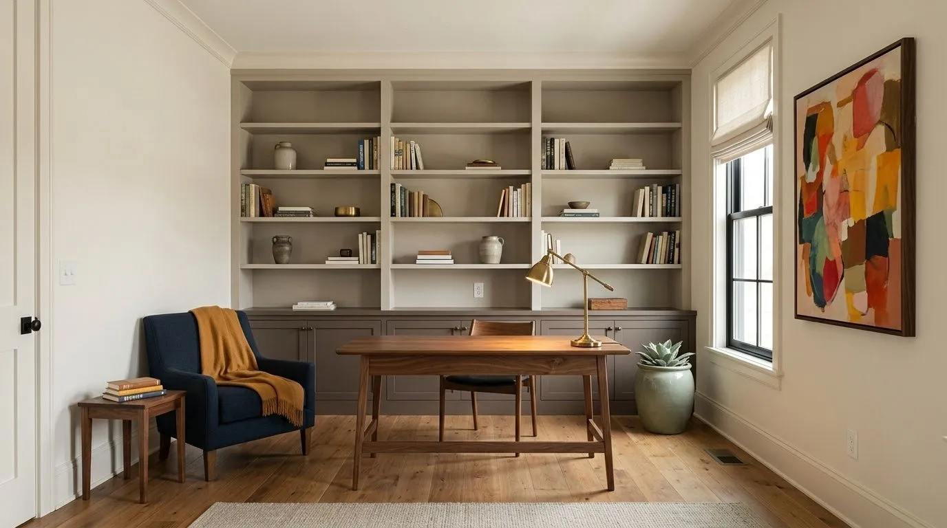 Origami White SW 7636 in a calm, layered home office