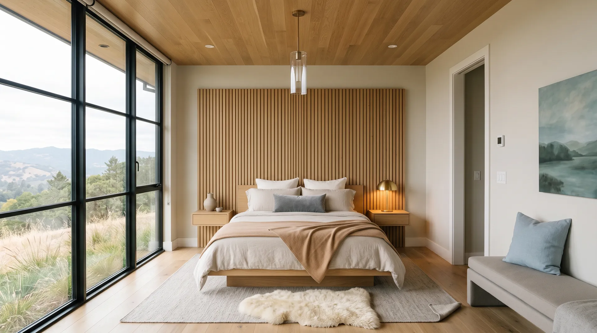 Oyster White SW 7637 in a calm, layered primary bedroom