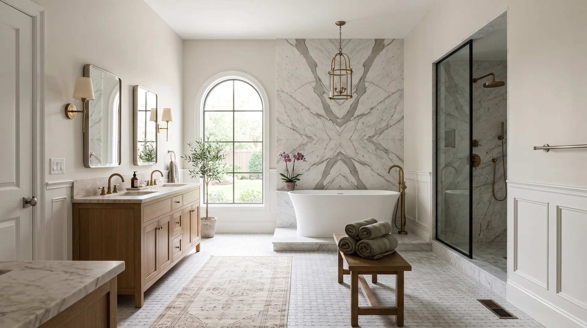 Pearly White SW 7009 in a serene, spa-style bathroom