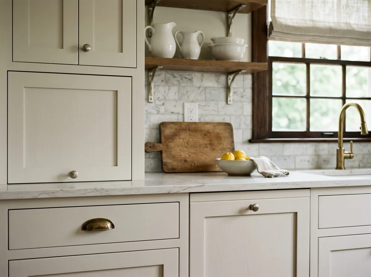 Pearly White SW 7009 on kitchen cabinets
