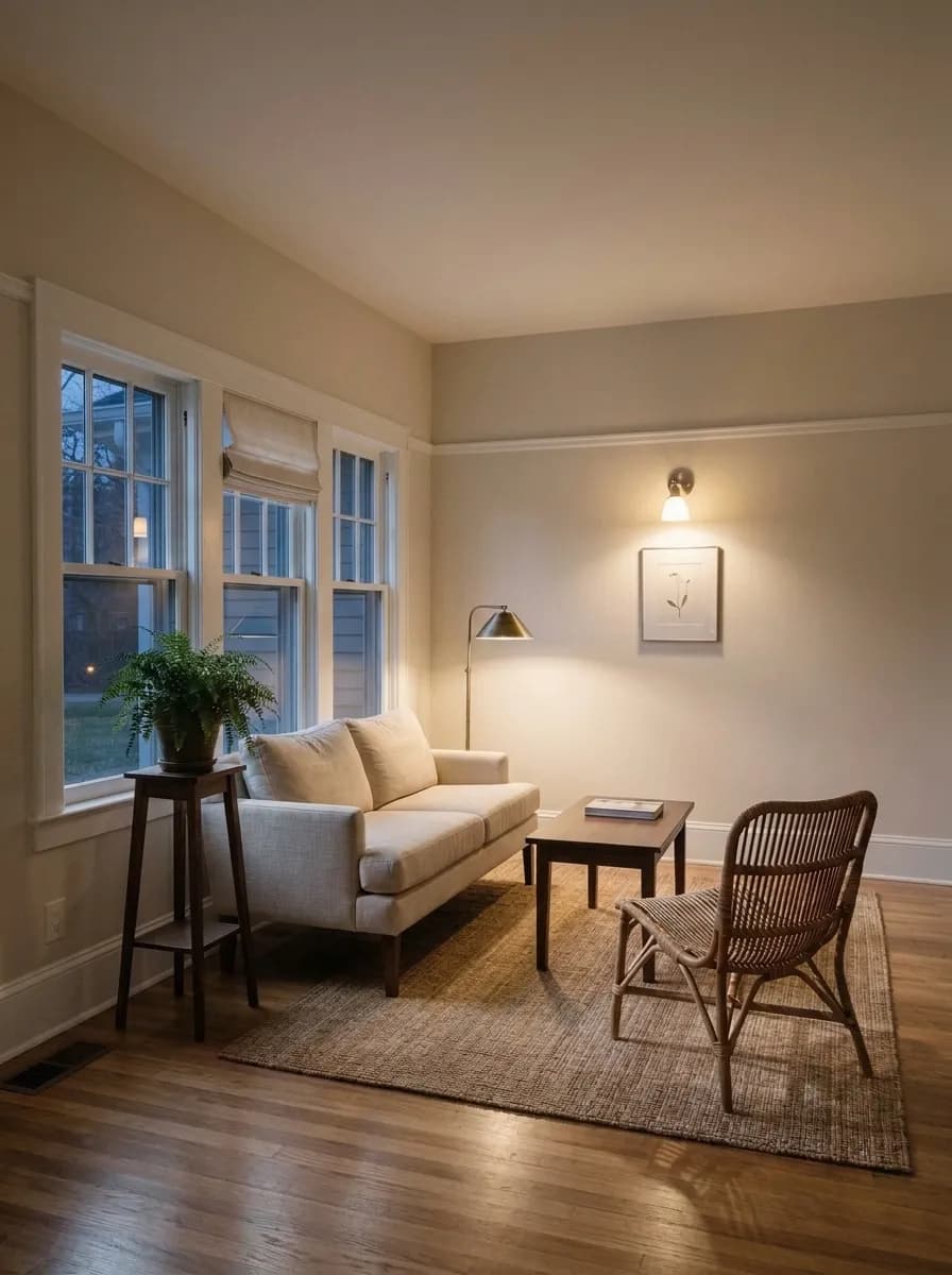 Pearly White SW 7009 accent wall in evening light