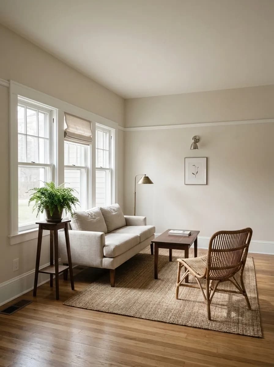 Pearly White SW 7009 accent wall in midday light