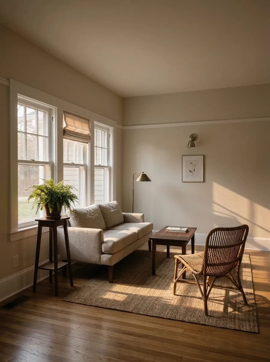 Pearly White SW 7009 accent wall in morning light