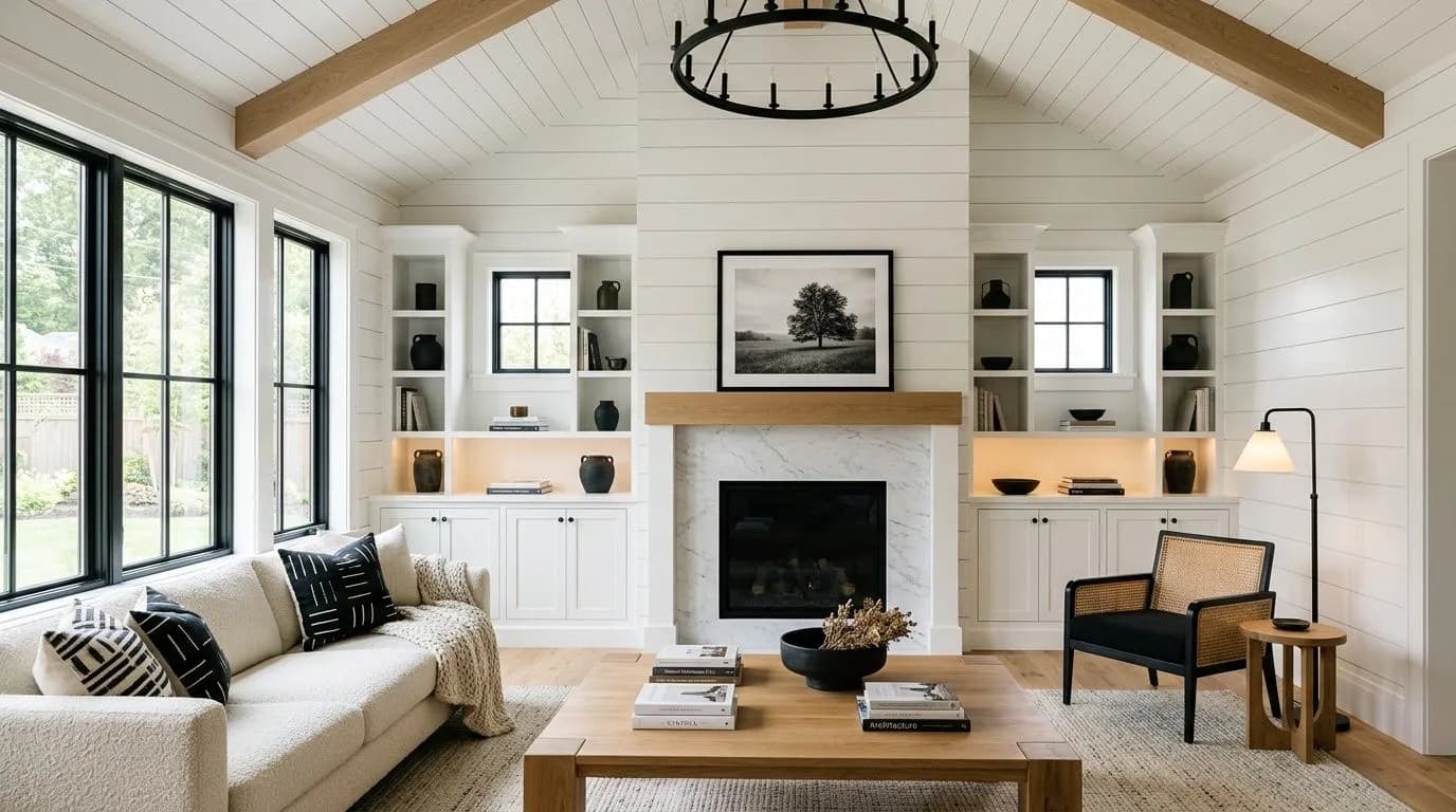 Pure White SW 7005 in a layered, white-on-white great room