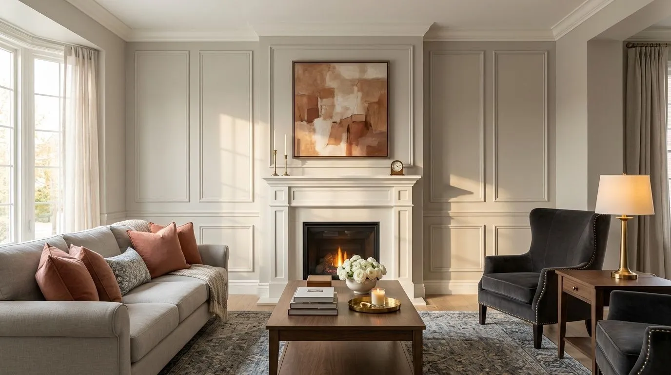 Repose Gray SW 7015 in a calm, classic living room