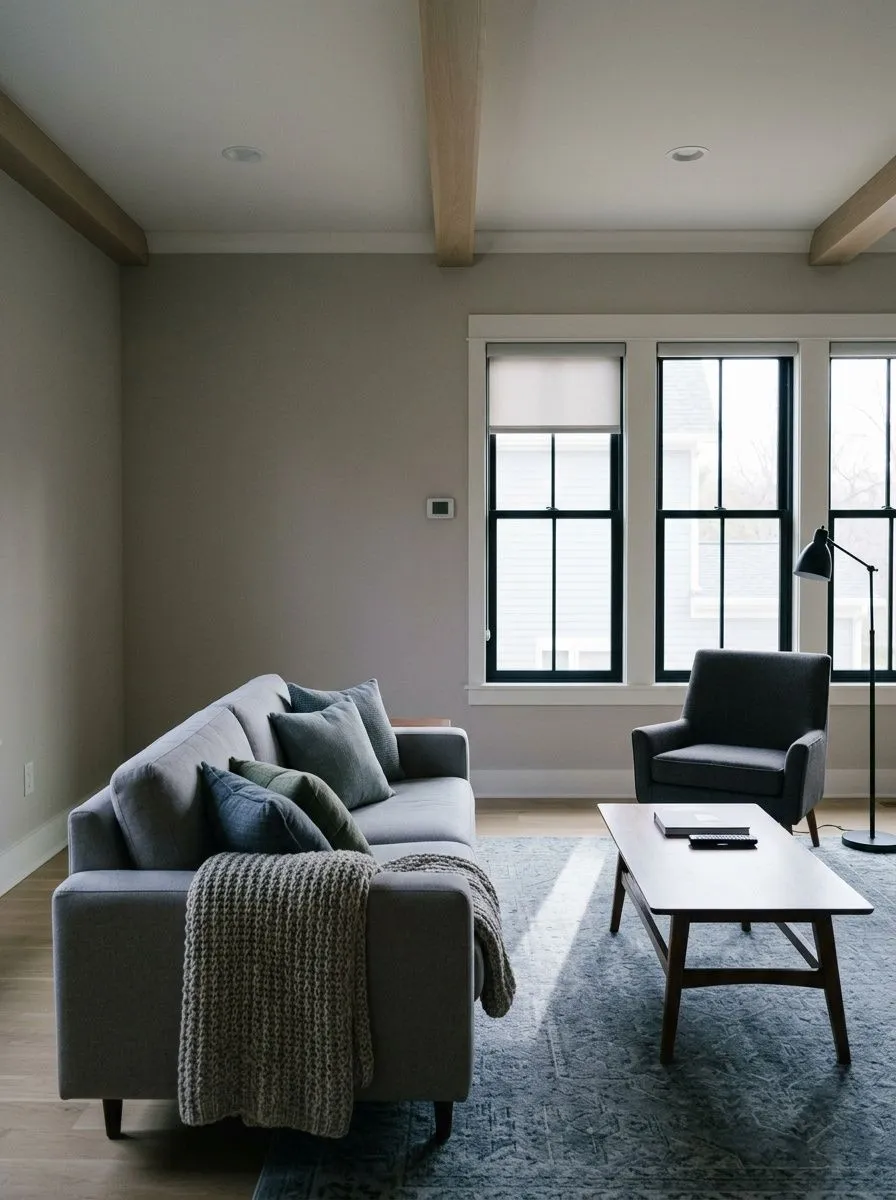 Repose Gray SW 7015 accent wall in morning light