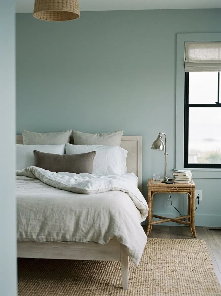 Silvermist SW 7621 accent wall in morning light
