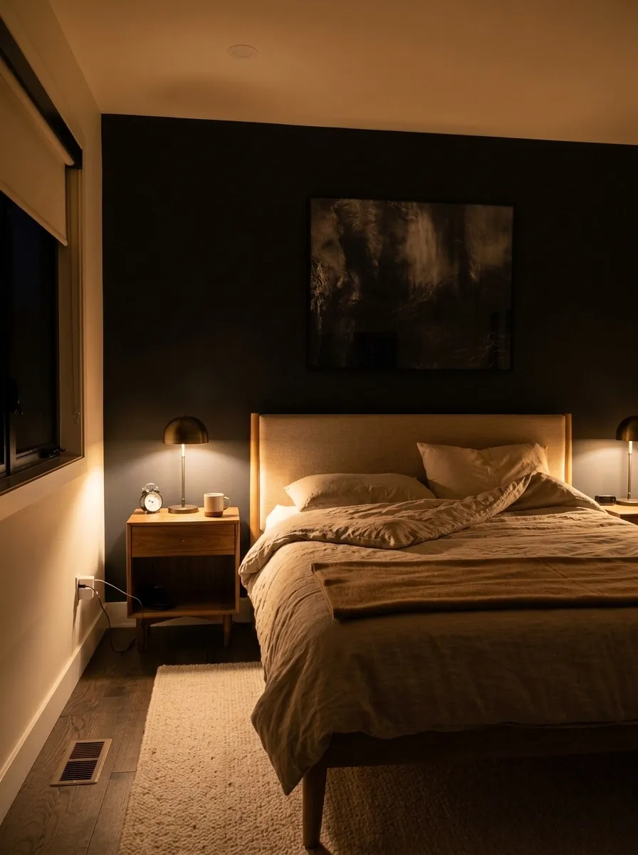 Tricorn Black SW 6258 accent wall in evening light