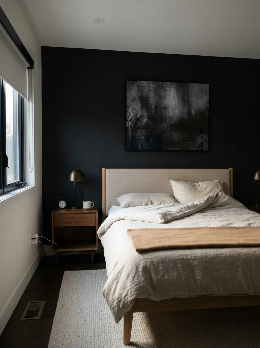 Tricorn Black SW 6258 accent wall in morning light