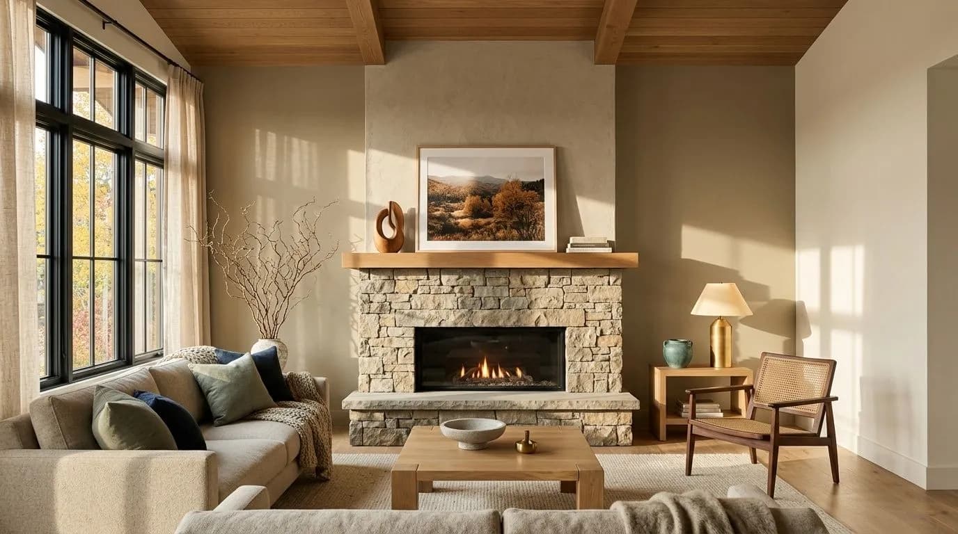Universal Khaki SW 6150 in a cocooning, earthy living room
