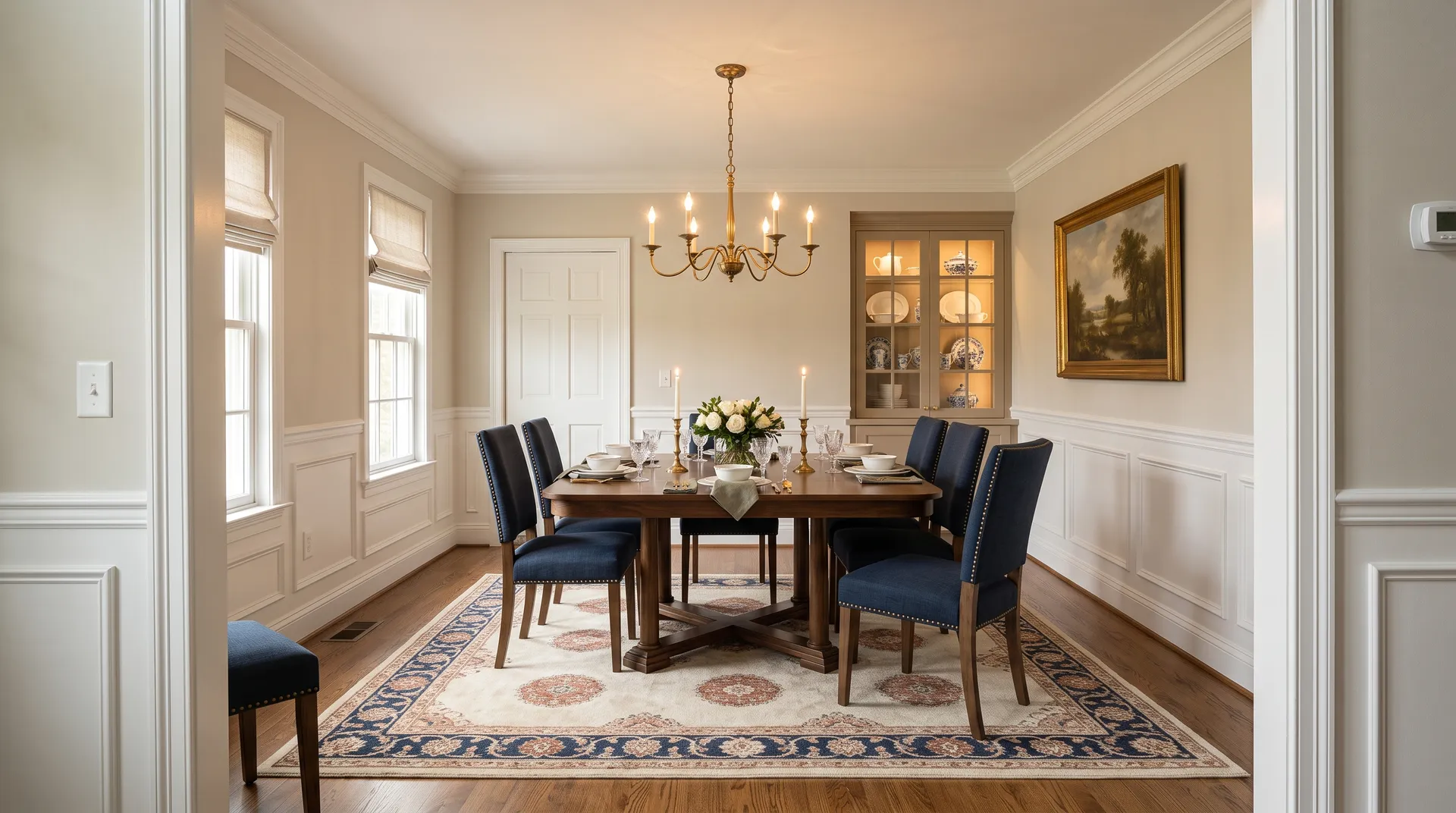 White Duck SW 7010 in a warm, layered dining room